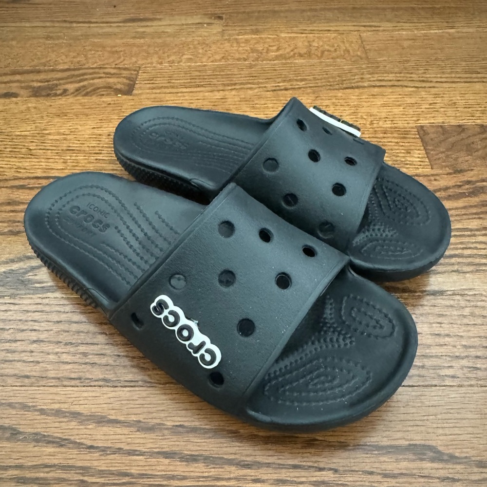 Like new, worn once. Crocs slides with jibbitz, M5/W7